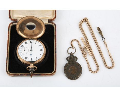 Half hunter pocket watch in stamped 9ct, white enamel dial with railway minute track, subsidiary seconds dial, signed Helveti