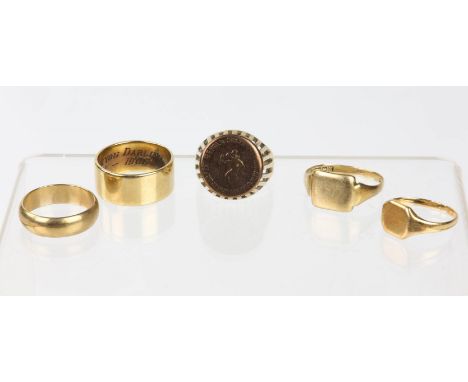 Four 9ct gold rings, two wedding bands both hallmarked, sizes S and P½ a hallmarked signet ring size U½, and a hallmarked dom