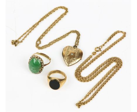 A selection of gold jewellery including a bloodstone signet ring, size I½, a quartz and pearl ring with a sizing bar, a fancy