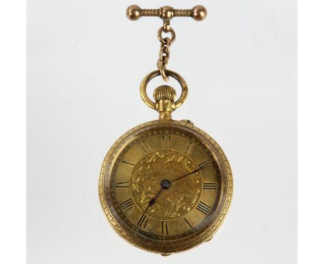 A Ladies open face pocket watch,the unsigned dial with chapter ring bearing applied  Roman numeral hour markers, fitted with 
