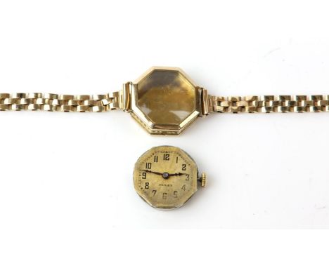 Rolex, a ladies' gold octagonal cased wristwatch, the signed dial with Arabic numeral hour markers within a railway minute tr