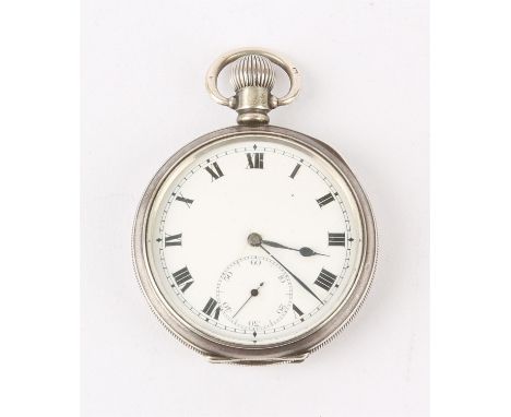 Rolex a silver open face pocket watch, the unsigned white enamel dial with roman numeral hour markers, within a railway minut