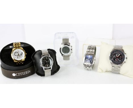 Five wristwatches in boxes, including a Citizen Eco-Drive stainless steel men's watch with dark blue face and subsidiary dial