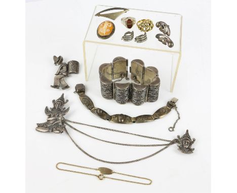 Selection of silver jewellery, including a large panel bracelet, a smaller pierced oval panel bracelet, two pairs of earrings