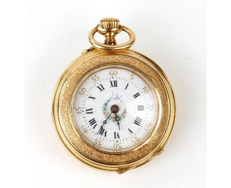 A ladies gold open face pocket watch, the white enamel dial with black Roman numeral hour markers, steel hands, fitted with a