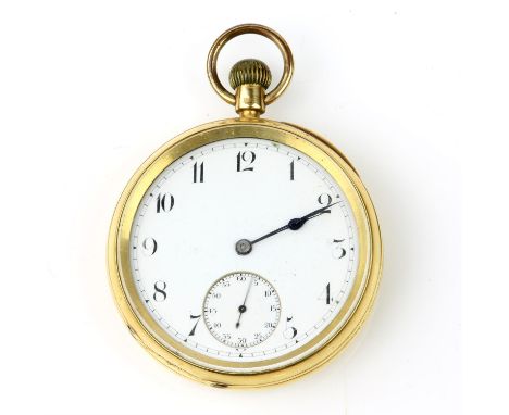 A Gold open face pocket watch the unsigned white enamel dial with Arabic numeral hour markers, subsidiary seconds dial and bl
