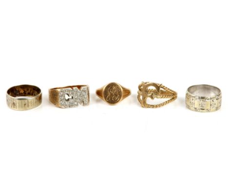 Five gold rings, a diamond set ring with initials 'GM', ring size Y, an openwork rope design ring with initial 'F', ring size