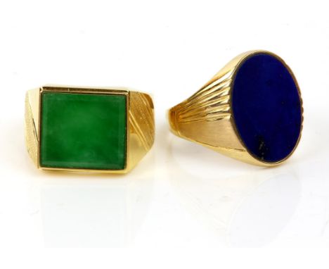 Two gold rings, one set with jade in a square design, in stamped 18ct yellow gold, ring size T, the other set with oval lapis