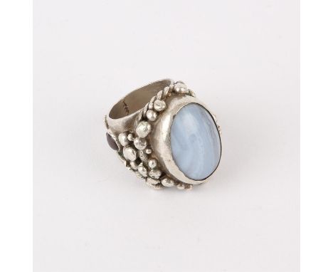 Silver ring by Michael A Bolton, set with an oval blue banded agate stone, approximate ring size SCondition Report:  Gross we