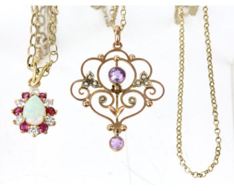 Opal, ruby and diamond cluster pendant, pear shaped opal, with a border of round cut rubies and round brilliant cut diamonds,