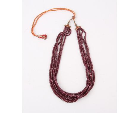 Ruby beaded necklace, graduating five strand beaded necklace, with a material fasteningCondition Report:  gross weight 153.4 