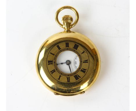  W Benson a Ladies gold half hunter pocket watch the unsigned white enamel dial with Roman numeral hour markers, subsidiary s