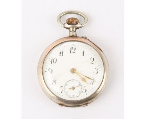 An open faced silver pocket watch, enamel dial with Arabic hour markers, a subsidiary seconds dial and a lever movement, 45mm