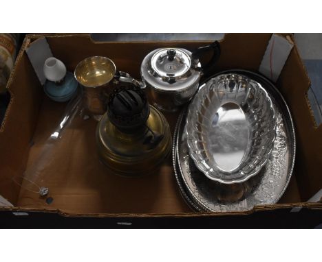 A Collection of Various Metalwares to include Galleried Oval Serving Dish, Teapot, Tankards, together with a Brass Oil Lamp w