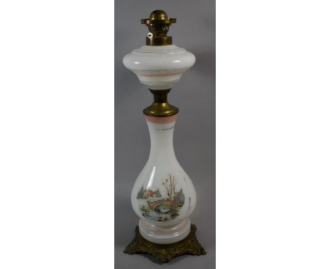 A Continental Late 19th Century Glass and Brass Oil Lamp, Opaque Glass Decorated with Continental River, Bridge and Cottage S