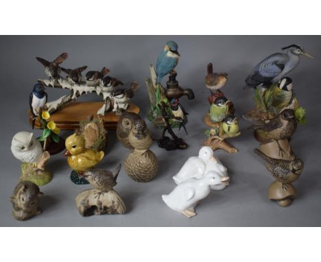 A Collection of Various Bird Ornaments to Include Resin Leonardo Kingfisher, Bisque Examples, Aynsley Sleeping Owl, Wade Duck
