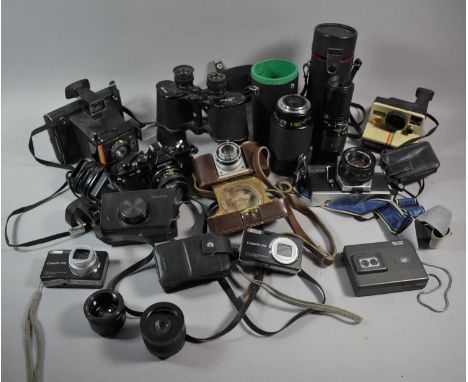 A Collection of Various Vintage Cameras and Accessories to include Cased Makinon Zoom Lens, Cased Optimax Example, Praktica M