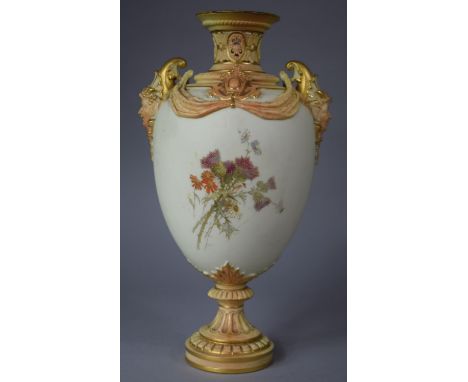 An Impressive Royal Worcester Blush Ivory Two Handled Urn Shaped Vase with Stylised Scrolling Swag Decoration Flanked by Two 