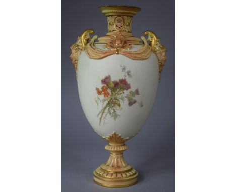 An Impressive Royal Worcester Blush Ivory Two Handled Urn Shaped Vase with Stylised Scrolling Swag Decoration Flanked by Two 