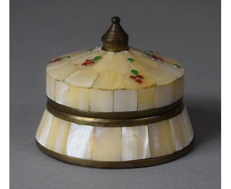 A Mother of Pearl and Brass Mounted Ring Box with Enamelled Decoration to Lid, 5cms High 