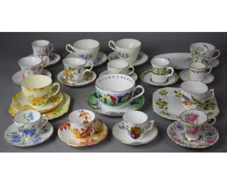 A Collection of Various Teacups and Saucers to Include Royal Worcester Golfing Pattern, 1887 Jubilee, Floral Pattern Examples