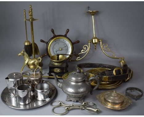 A Collection of Various Metalwares to include Late 19th Century Coffee Bean Grinder, Pewter Teapot, Barometer in the form of 