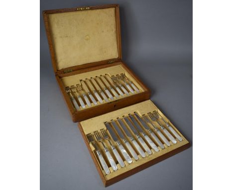 A Oak Cased Canteen of Silver Plated Mother of Pearl Handled Fruit Knives and Forks by Mappin and Webb, Complete 