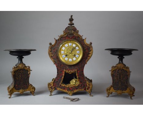 An Early 20th Century French Boulle Work Mantel Clock, Having Brass Dial and Enamel Roman Numerals, Complete with Pair of Mat
