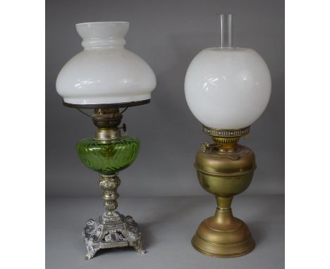 A Late 19th Century Silver Plate and Green Glass Oil Lamp (AF) Together with a Mid/Late 20th Century Brass Example having Sha