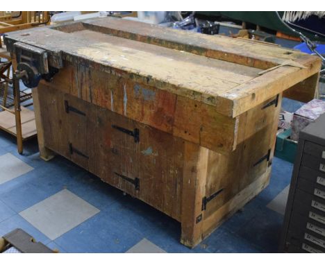 A Vintage Wooden Workbench with Vice, Central Store Base, 155cms Long 