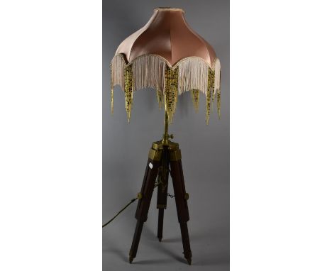 A Vintage Style Brass and Wooden Tripod Lamp, Lamp Base 73cms High 