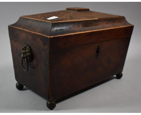 A 19th Century Sarcophagus Shaped Tea Caddy with Side Lion Mask Ring Handles (Missing one Looped Handle), Bun Feet, Complete 