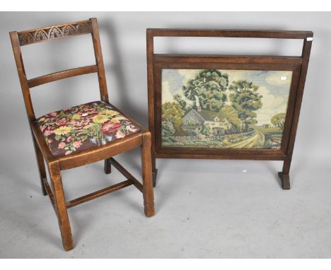 An Oak Framed Tapestry Screen Depicting Cottage Together with an Oak Framed Chair Having Carved Back Support 
