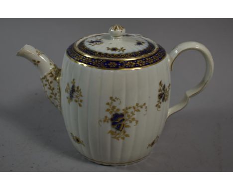 A Caughley "Dresden Flowers" Teapot Circa 1790, with Blue S Mark, Fluted Barrel Form (Spout Restored) 