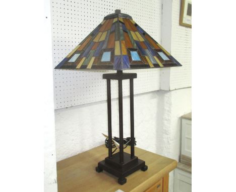 TABLE LAMP, Tiffany design on bronze metal stand, 73cm H, shade 39cm x 39cm.