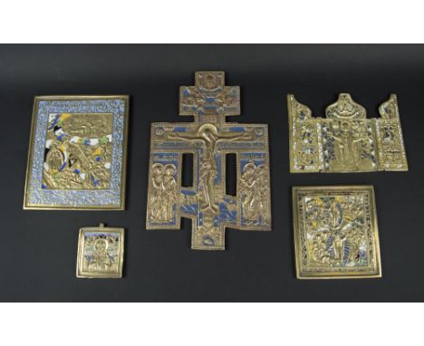 COLLECTION OF ICONS, five various, brass with coloured enamel highlights. (5)