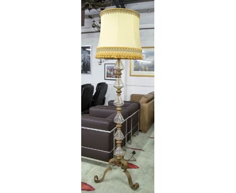 STANDARD LAMP, early 20th century gilt wood, metal and etched glass with yellow silk shade, 183cm H x 53cm W.