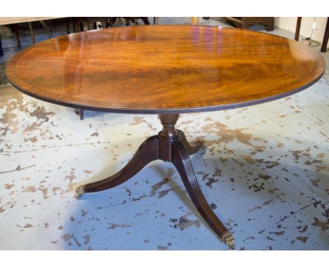 BREAKFAST TABLE, Regency design, flame mahogany, oval top with tilt action and swept tripod support, 131cm W x 102cm D x 74cm