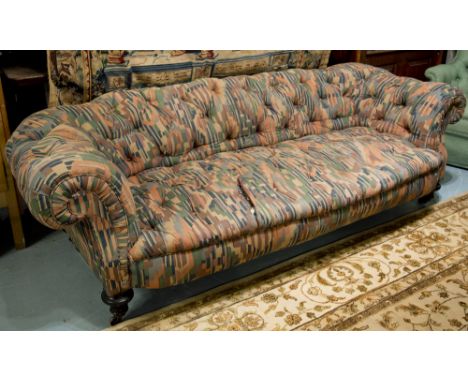 CHESTERFIELD SOFA, Victorian mahogany in buttoned patterned Liberty fabric, 220cm W. (upholstery with faults)