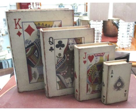 WOODEN STORAGE BOOKS, 'playing cards' designs, a graduated set of four, with lined interiors, largest 37cm x 27cm. (2)
