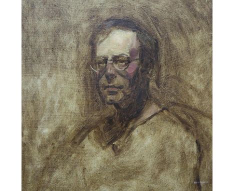 In the manner of Roger Eliot Fry, oil on canvas portrait, gentleman with circular framed glasses, indistinctly signed L/R, un