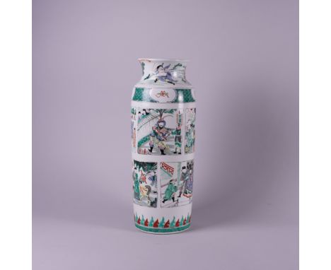 A LARGE CHINESE FAMILLE-VERTE ROULEAU VASELate 19th/20th century Painted in Kangxi style with figurative panels, 47cm highOve