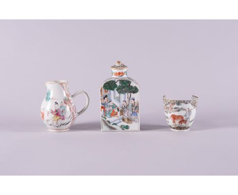A CHINESE ARCHED RECTANGULAR TEA CADDY AND A COVER19th century Painted in famille-verte enamels with figurative panels, the e