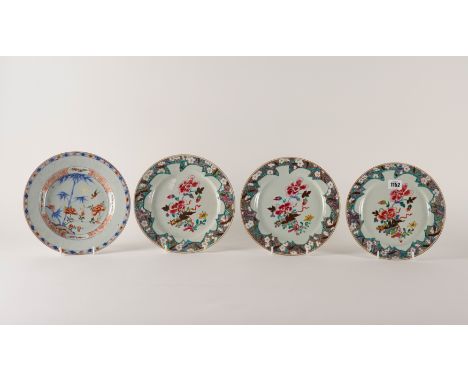 THREE CHINESE FAMILLE-ROSE  PLATES (4)Early Qianlong Each painted with a central group of flowers inside a brown whorl border