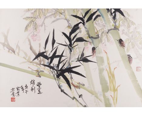 FOUR LARGE CHINESE  WATERCOLOUR PAINTINGS (4)20th century Painted with insects and bamboo, a bird perched om bamboo, sparrows