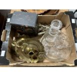 19th cent. Drinking set cordial x 5, tots x 2, decanter and tray. Japanese three drawer lacquered