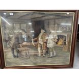 19th cent. Woolwork tapestry, three figures, one holding fish in an interior. Framed and glazed.