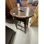 19th cent. G.W.R. Oak high stool, turned supports united by stretcher and stamped G.W.R under seat.