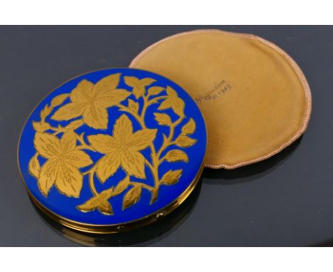 A boxed vintage Pygmalion 1949 gilt metal and enamel powder compact. Made in England. Powder compact has three hinges, built 
