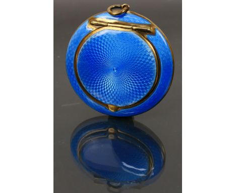 Colen Hewer Cheshire - A art deco guilloche enamel powder compact with chain mount fitting. The pale blue enamel front and ba